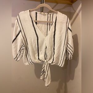 Lovestitch Black/Gray and White Striped Tie-Front Blouse